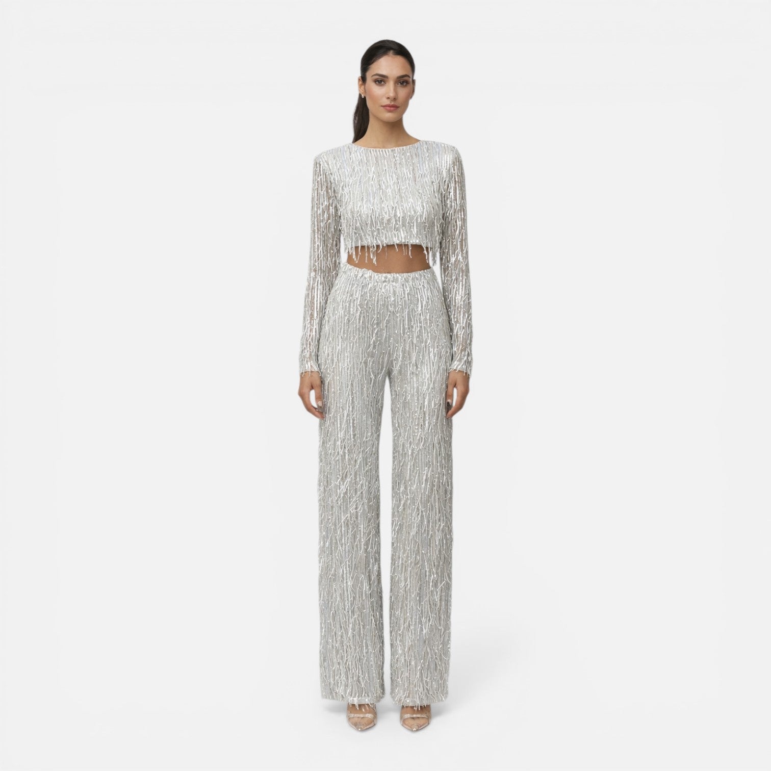 Felorro | Women’s Sequin Party Set Crop Top Wide Leg Pants Night Outfit