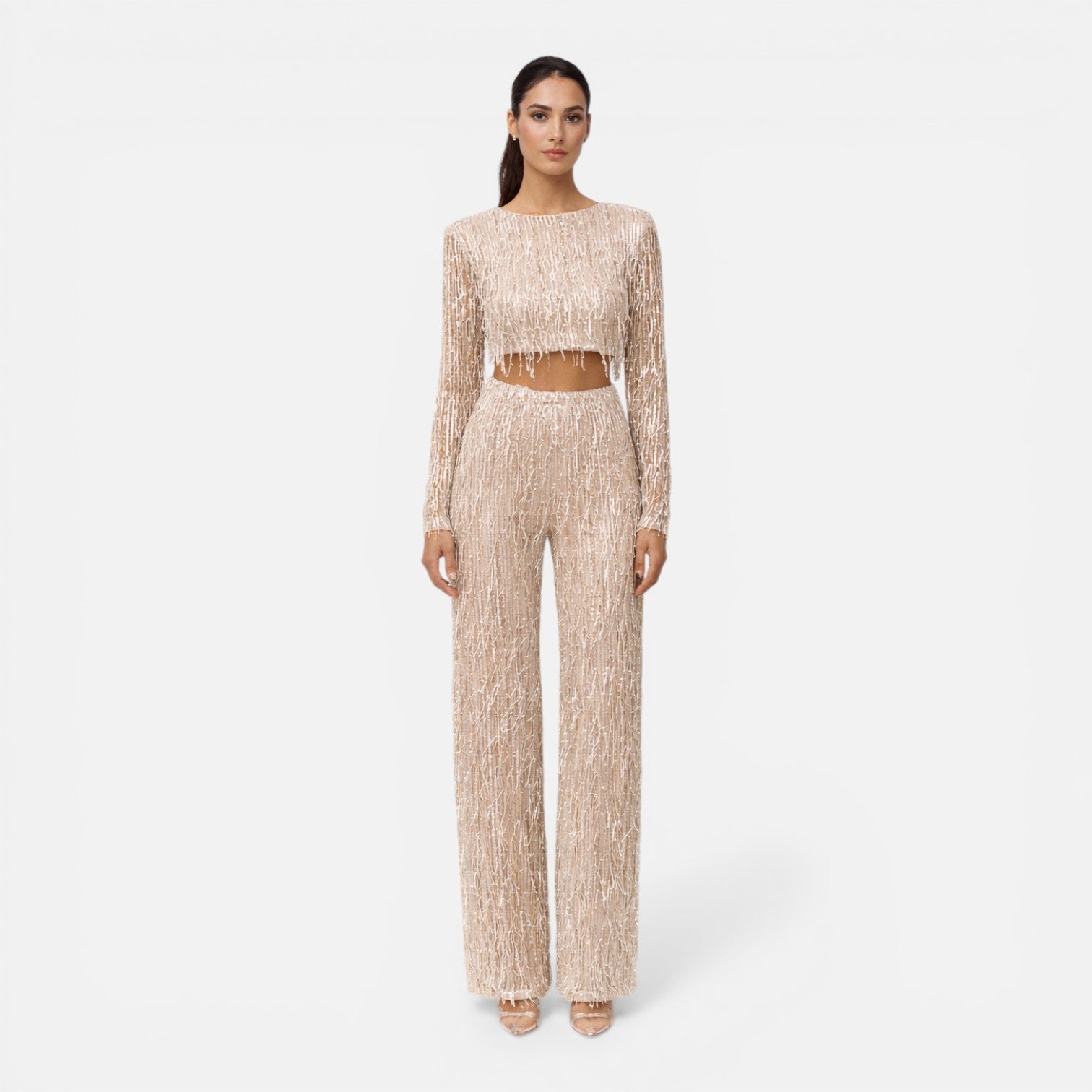 Felorro | Women’s Sequin Party Set Crop Top Wide Leg Pants Night Outfit