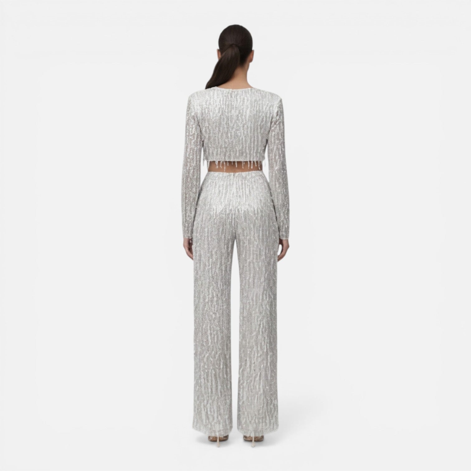 Felorro | Women’s Sequin Party Set Crop Top Wide Leg Pants Night Outfit