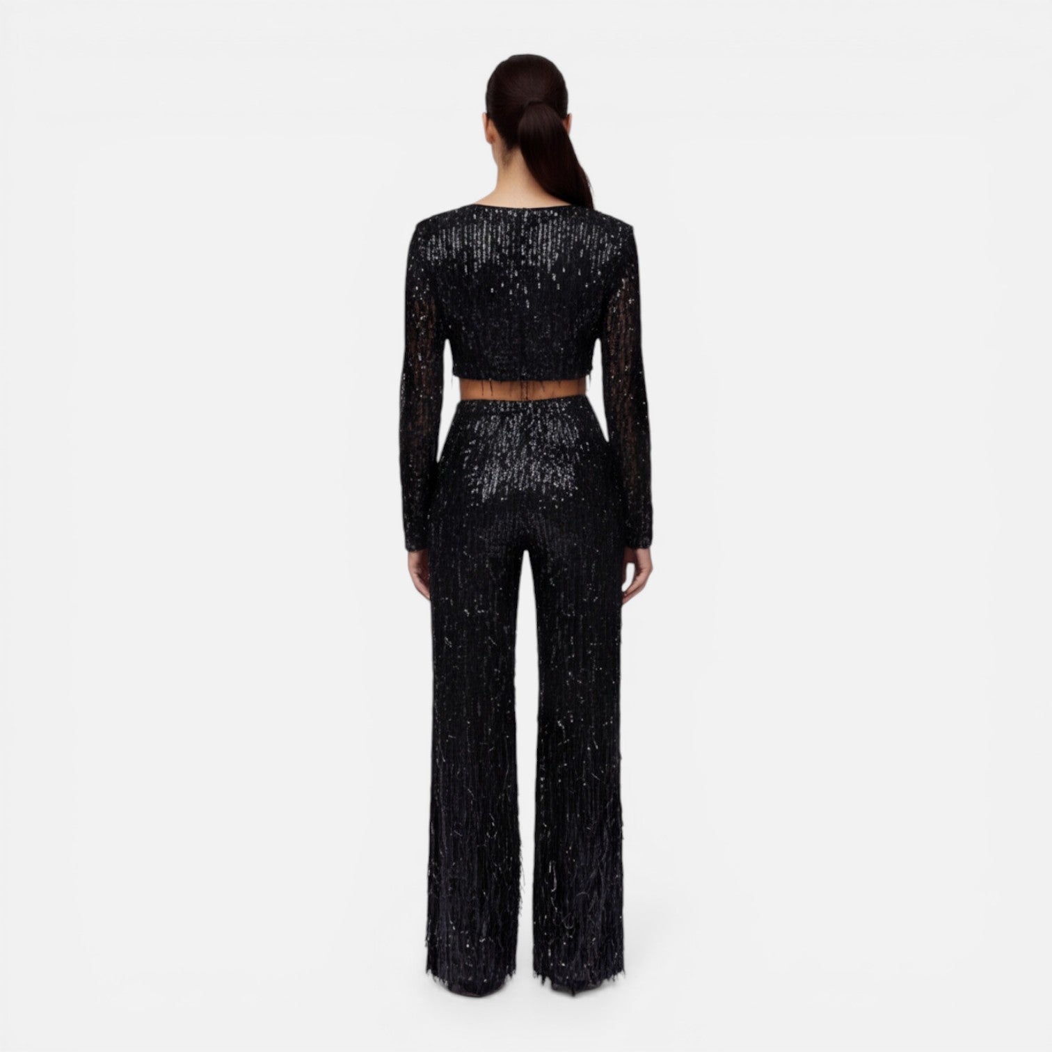Felorro | Women’s Sequin Party Set Crop Top Wide Leg Pants Night Outfit