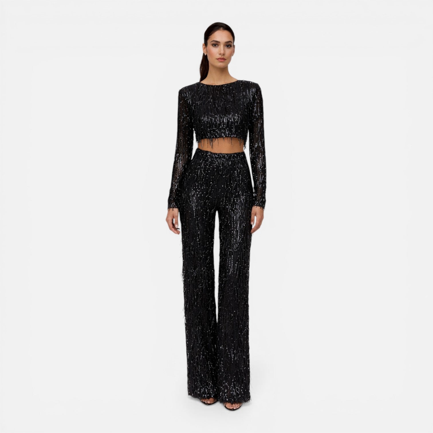 Felorro | Women’s Sequin Party Set Crop Top Wide Leg Pants Night Outfit