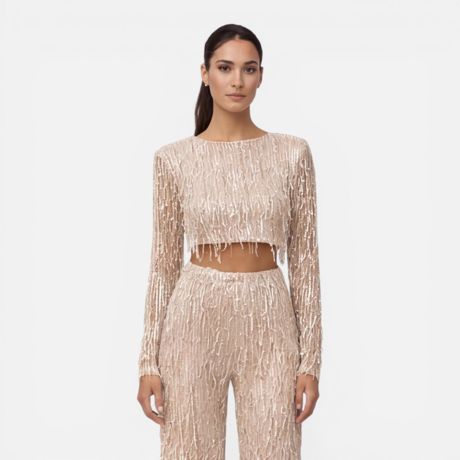 Felorro | Women’s Sequin Party Set Crop Top Wide Leg Pants Night Outfit