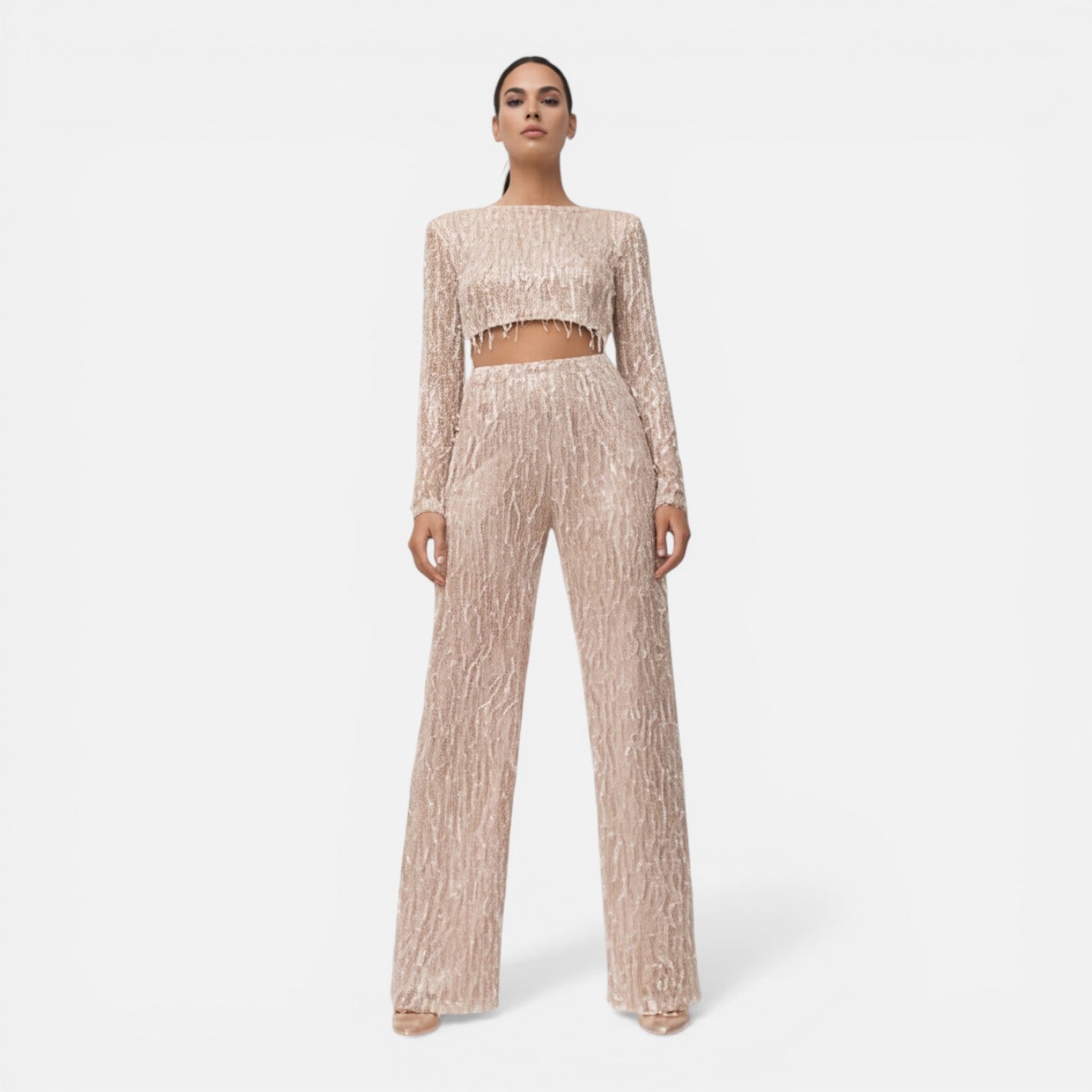 Felorro | Women’s Sequin Party Set Crop Top Wide Leg Pants Night Outfit