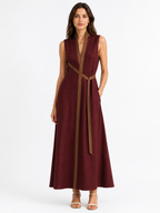 Women’s Sleeveless Midi Dress with Stand Collar