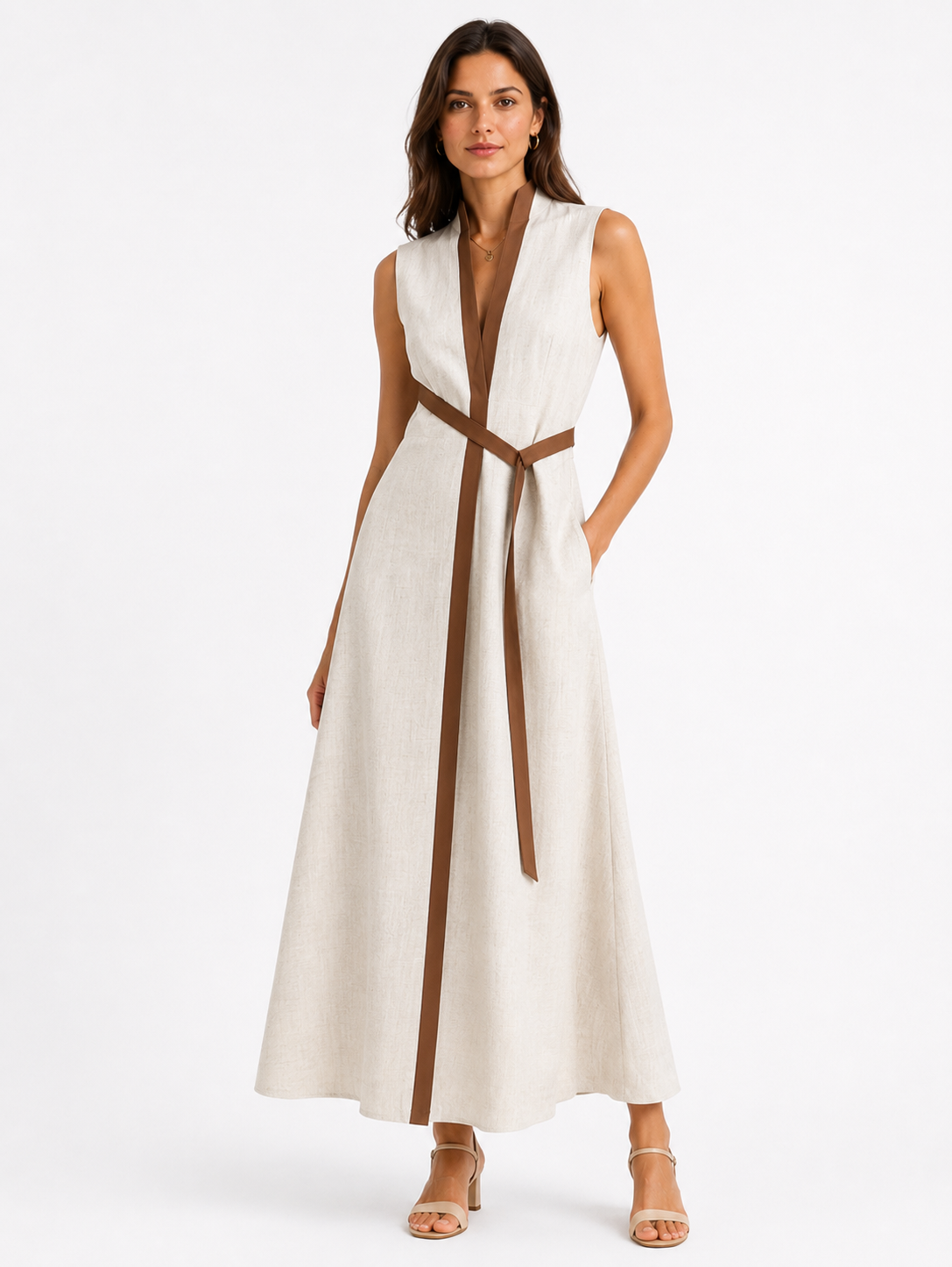 Women’s Sleeveless Midi Dress with Stand Collar