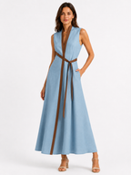 Women’s Sleeveless Midi Dress with Stand Collar