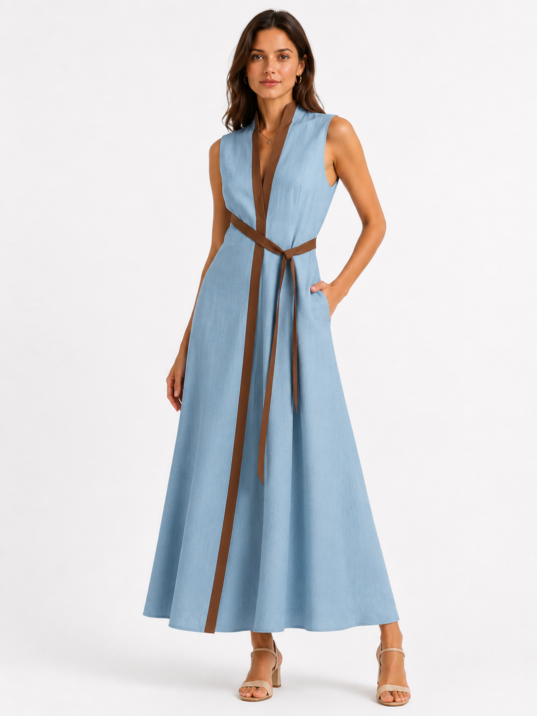 Women’s Sleeveless Midi Dress with Stand Collar