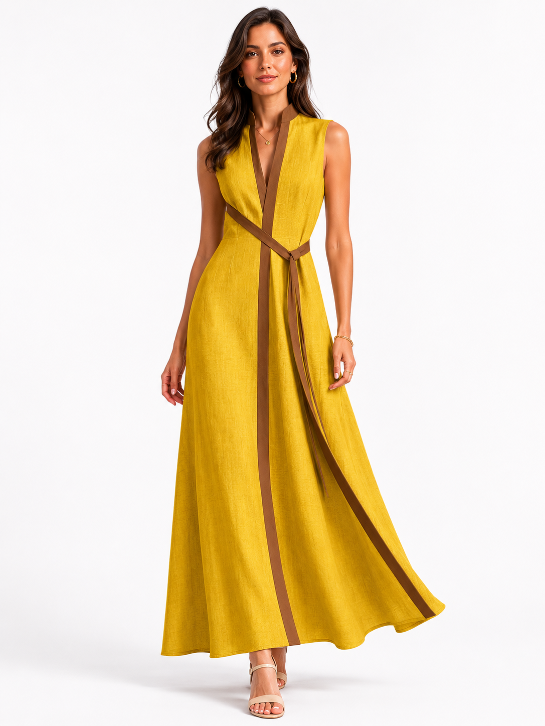 Women’s Sleeveless Midi Dress with Stand Collar