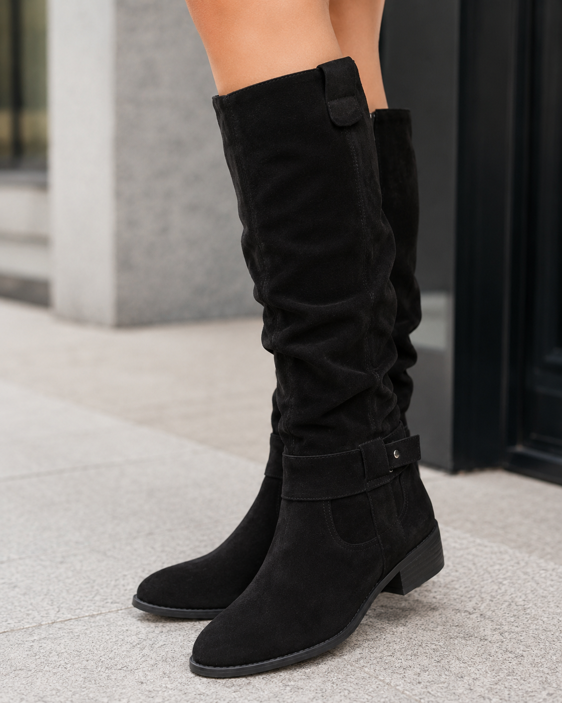 Women’s Suede Knee-High Boots Low Heel Side Zip