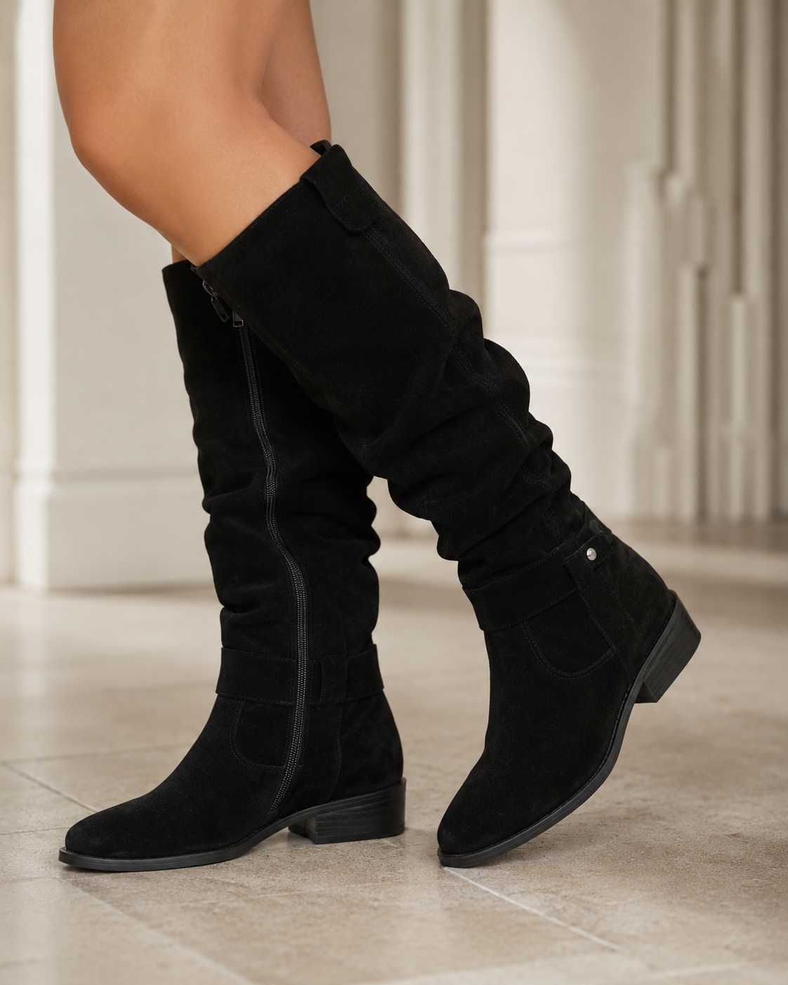 Women’s Suede Knee-High Boots Low Heel Side Zip