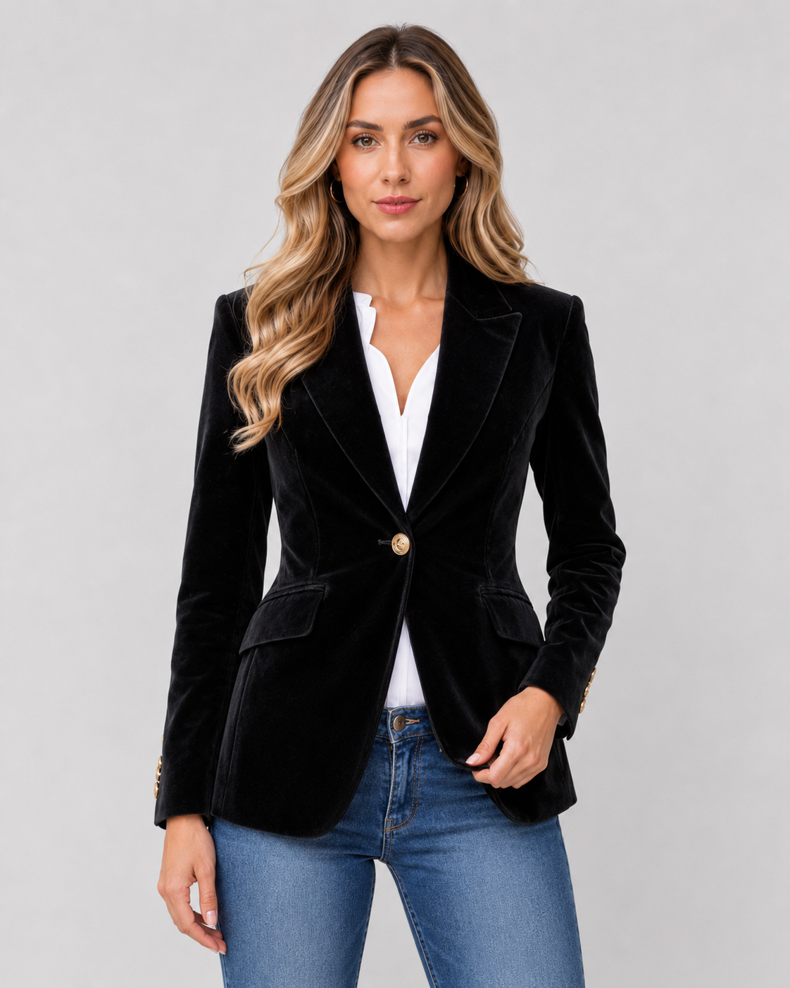 Women's Velvet Blazer – Tailored Single Button Jacket