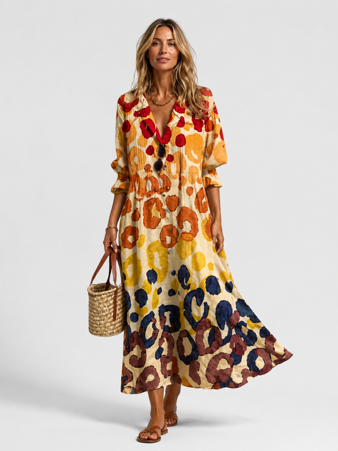 Women’s Floral Print Maxi Shirt Dress with Button Front