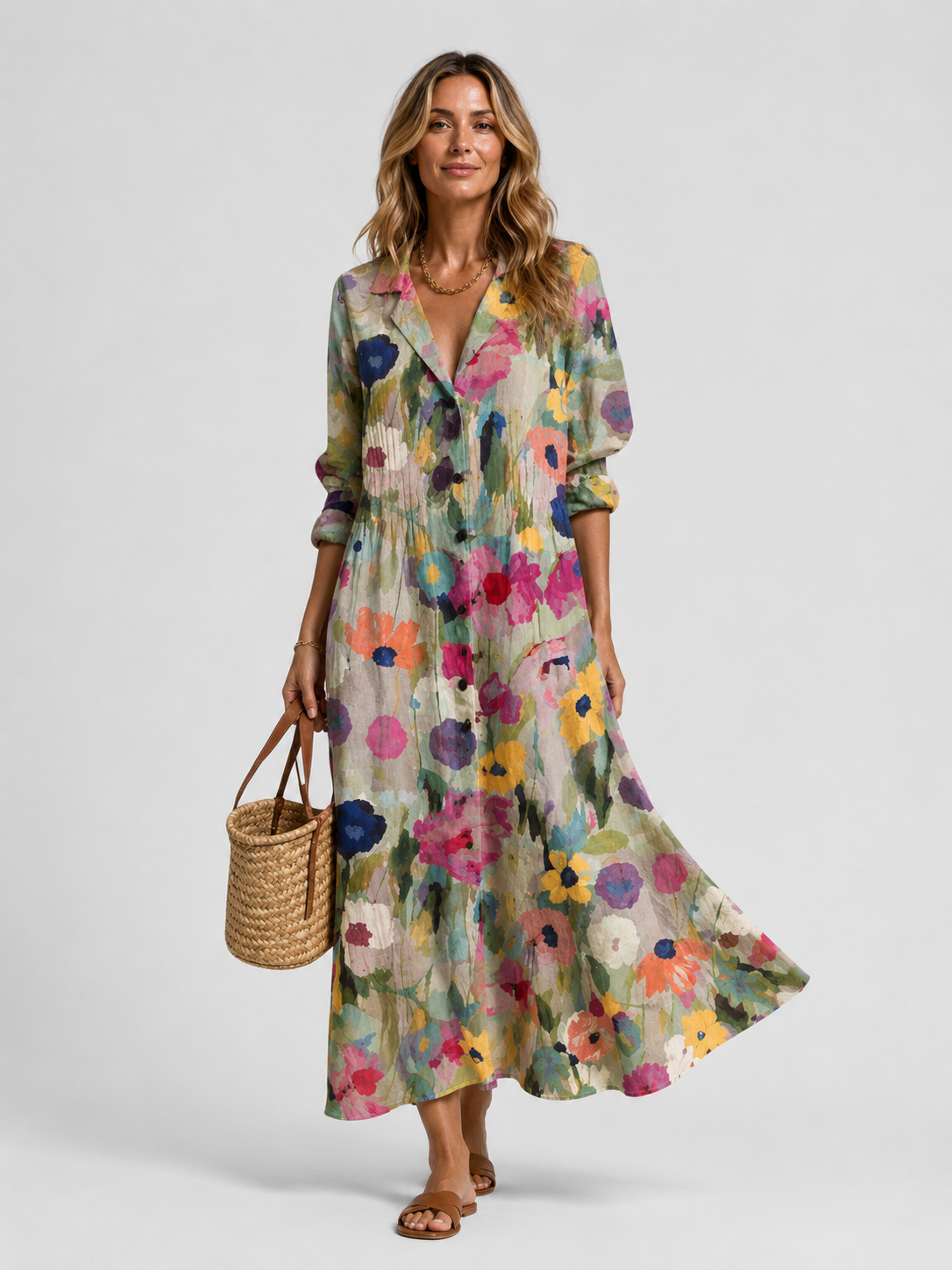 Women’s Floral Print Maxi Shirt Dress with Button Front