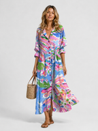 Women’s Floral Print Maxi Shirt Dress with Button Front