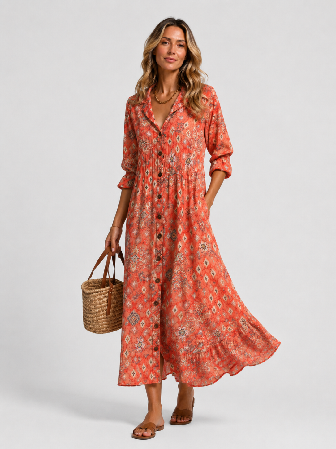 Women’s Floral Print Maxi Shirt Dress with Button Front