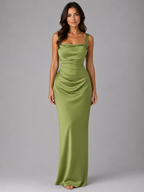 Women’s Satin Feel Maxi Dress – Ruched Waist Wedding Guest Dress