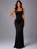 Women’s Satin Feel Maxi Dress – Ruched Waist Wedding Guest Dress