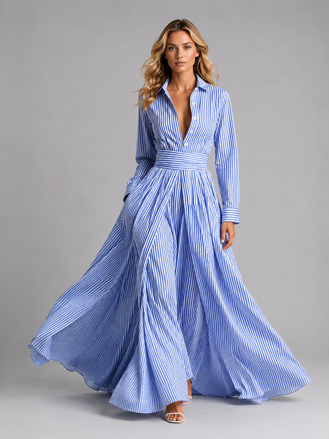 Women’s Striped Maxi Shirt Dress – Cinched Waist Summer Dress