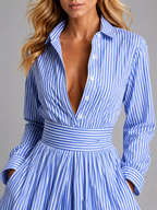 Women’s Striped Maxi Shirt Dress – Cinched Waist Summer Dress