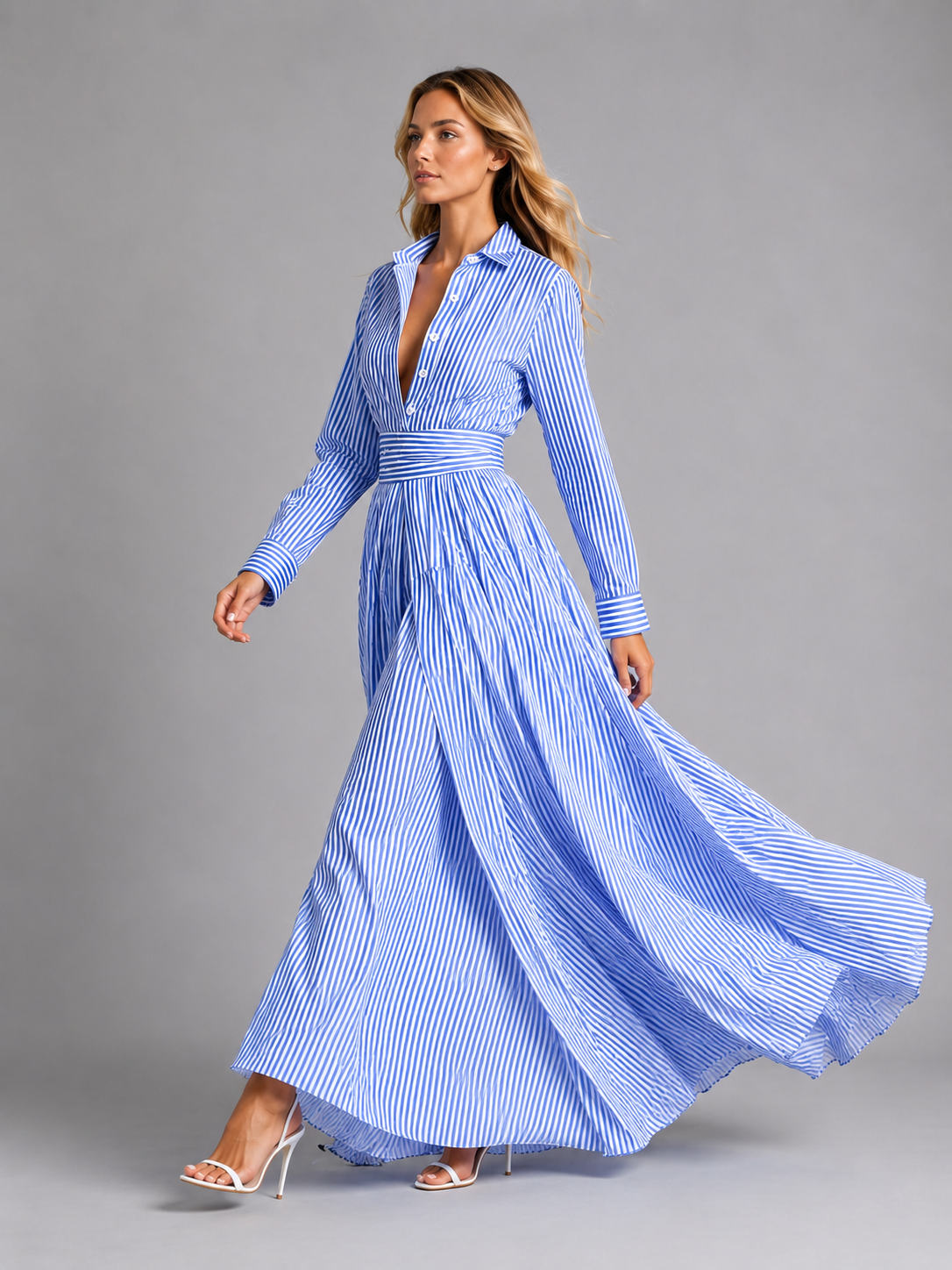 Women’s Striped Maxi Shirt Dress – Cinched Waist Summer Dress