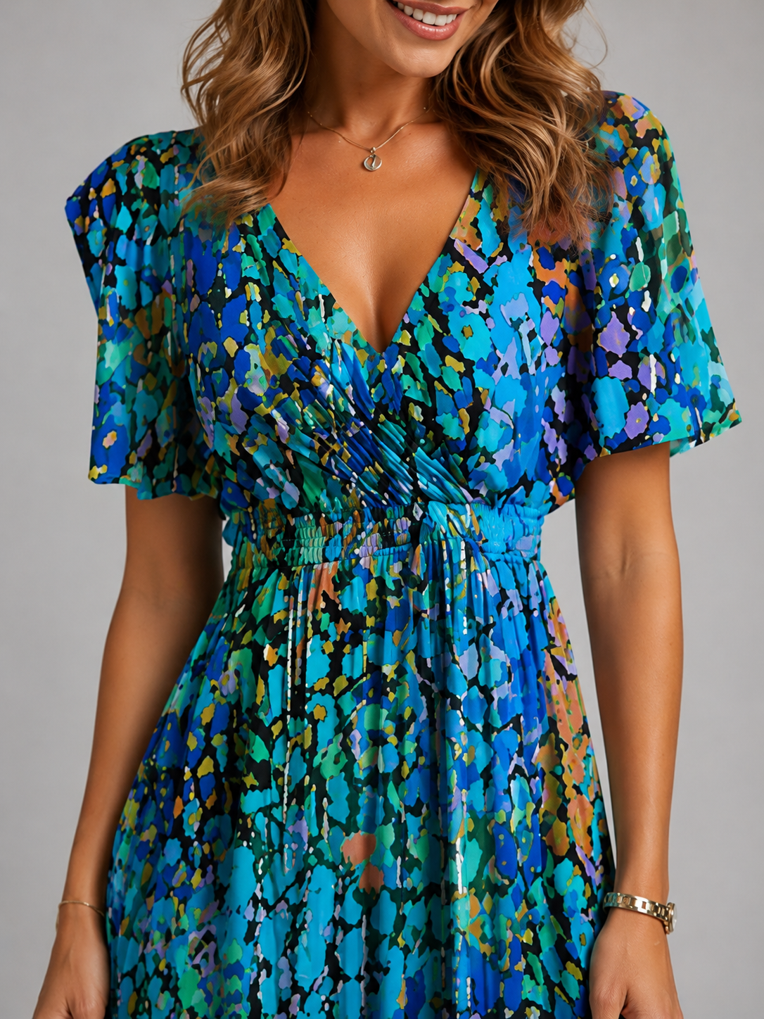 Women’s Floral V-Neck Midi Dress with Flutter Sleeves