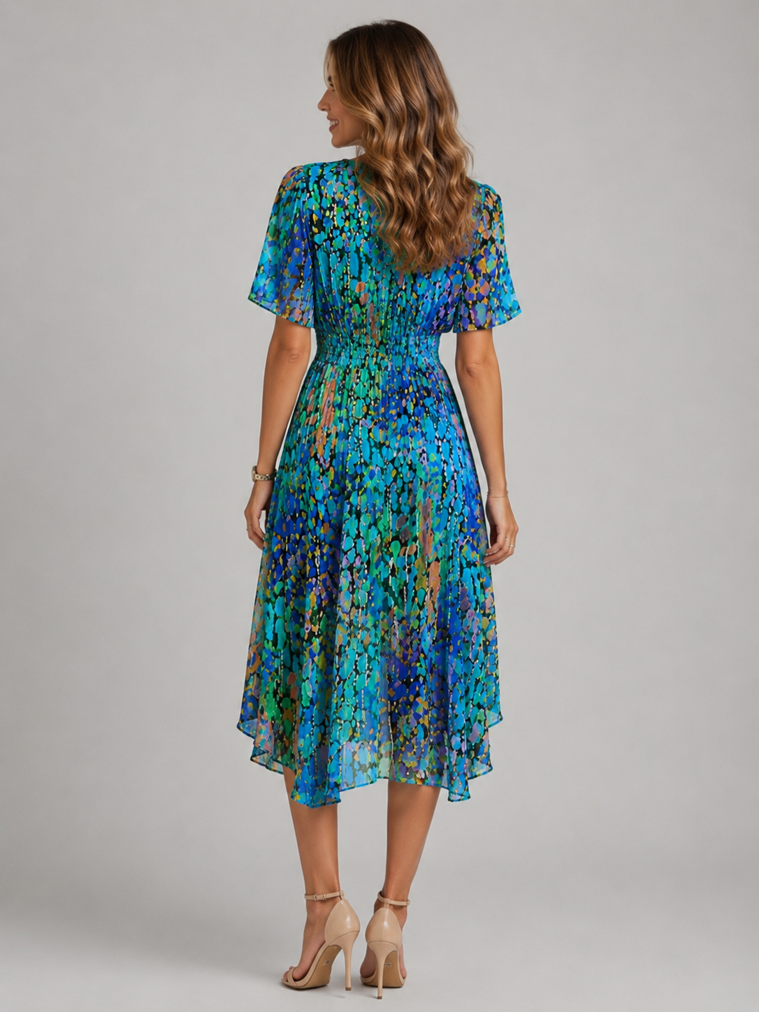 Women’s Floral V-Neck Midi Dress with Flutter Sleeves