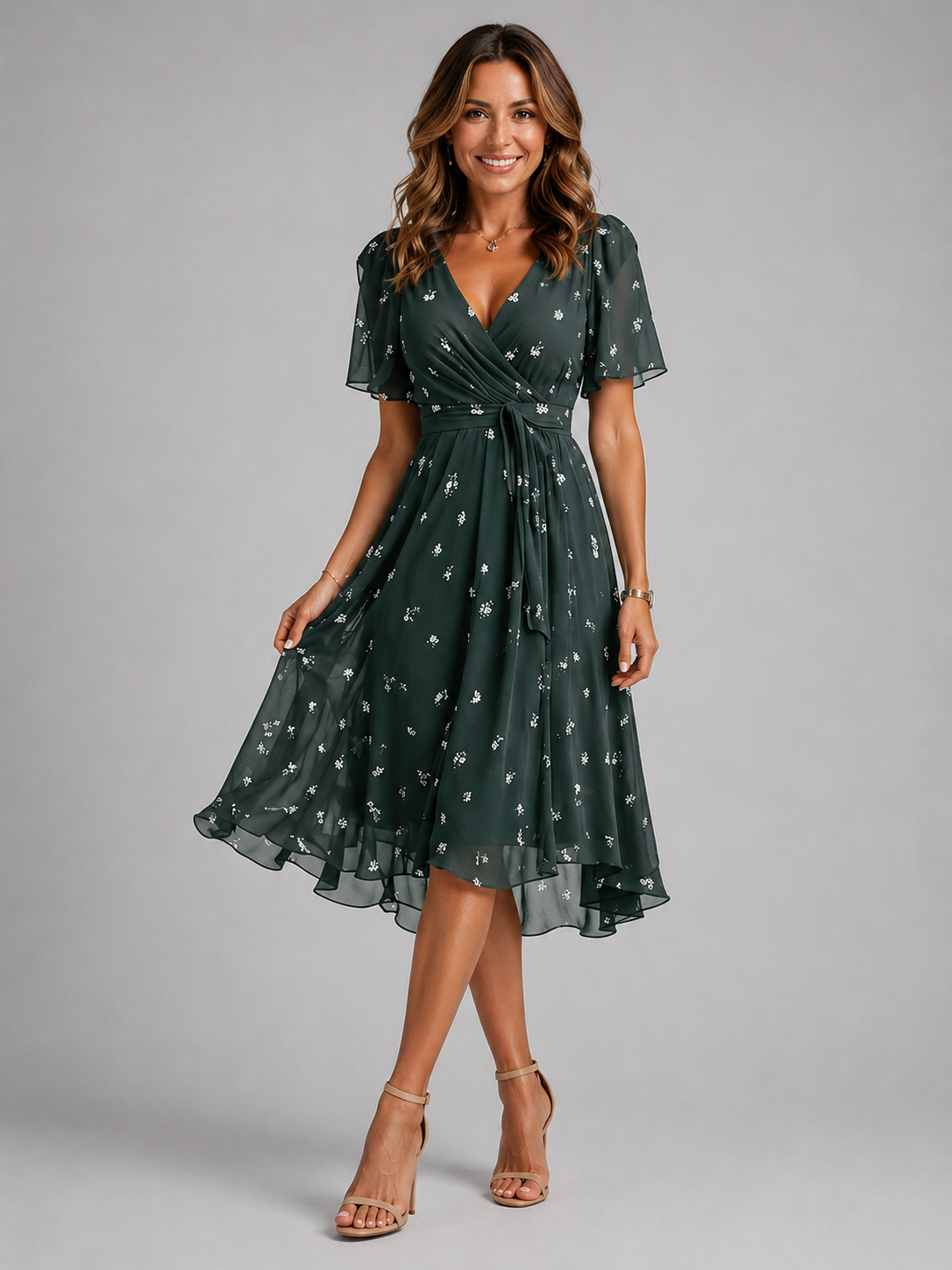 Women’s Floral V-Neck Midi Dress with Flutter Sleeves