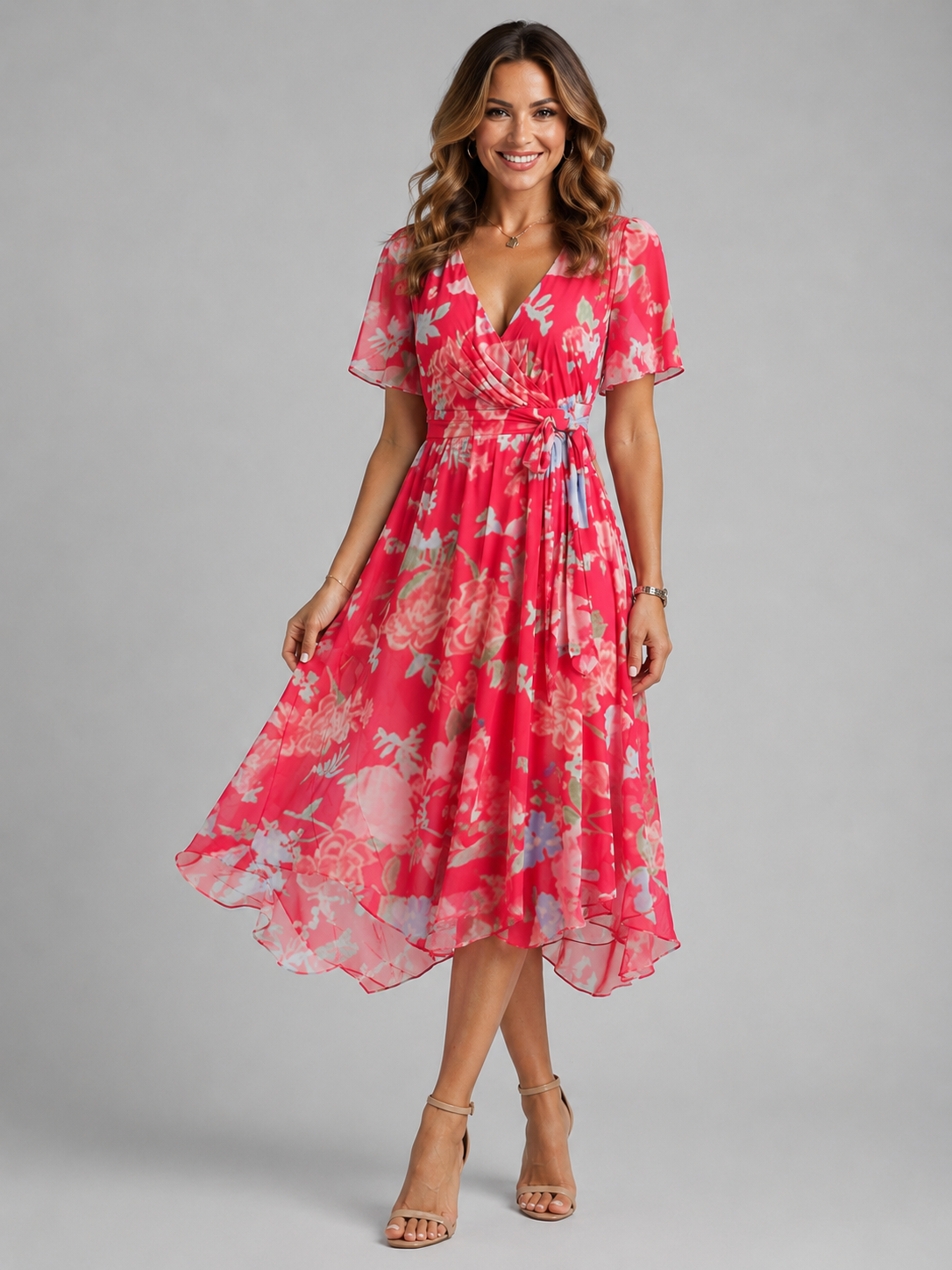 Women’s Floral V-Neck Midi Dress with Flutter Sleeves