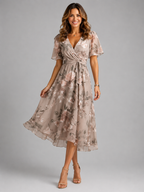 Women’s Floral V-Neck Midi Dress with Flutter Sleeves
