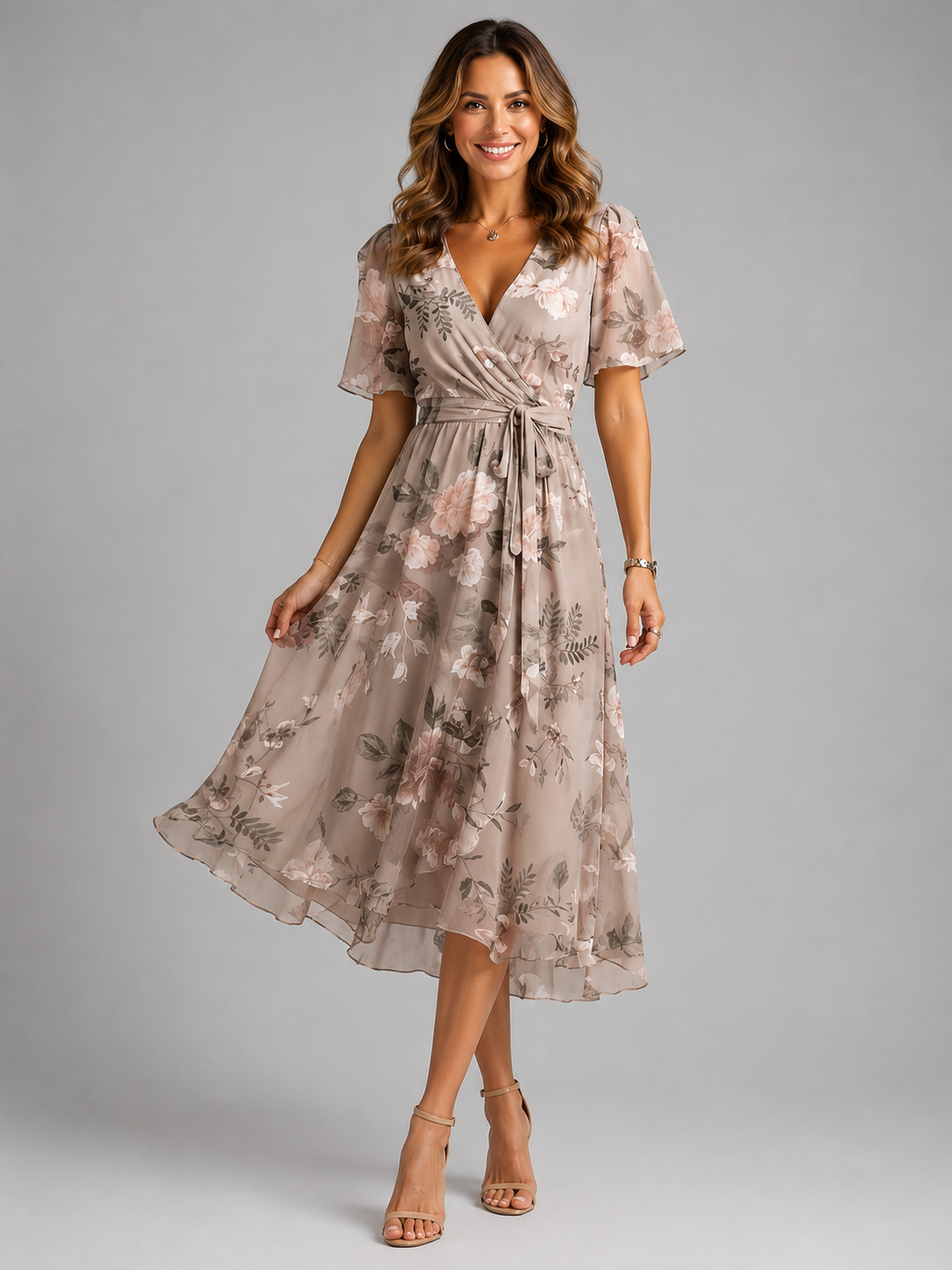 Women’s Floral V-Neck Midi Dress with Flutter Sleeves