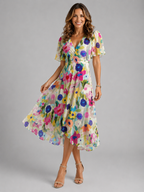 Women’s Floral V-Neck Midi Dress with Flutter Sleeves