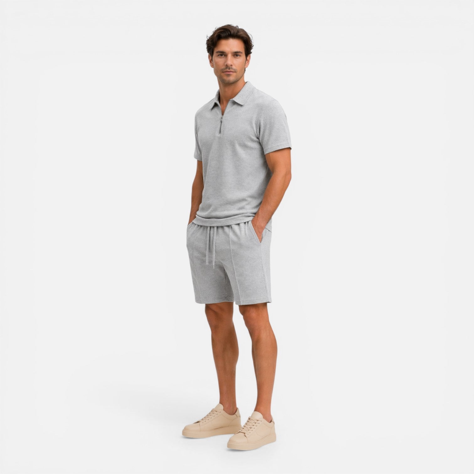 Felorro | Men’s Textured Zip Polo Shorts Set Summer Co-Ord