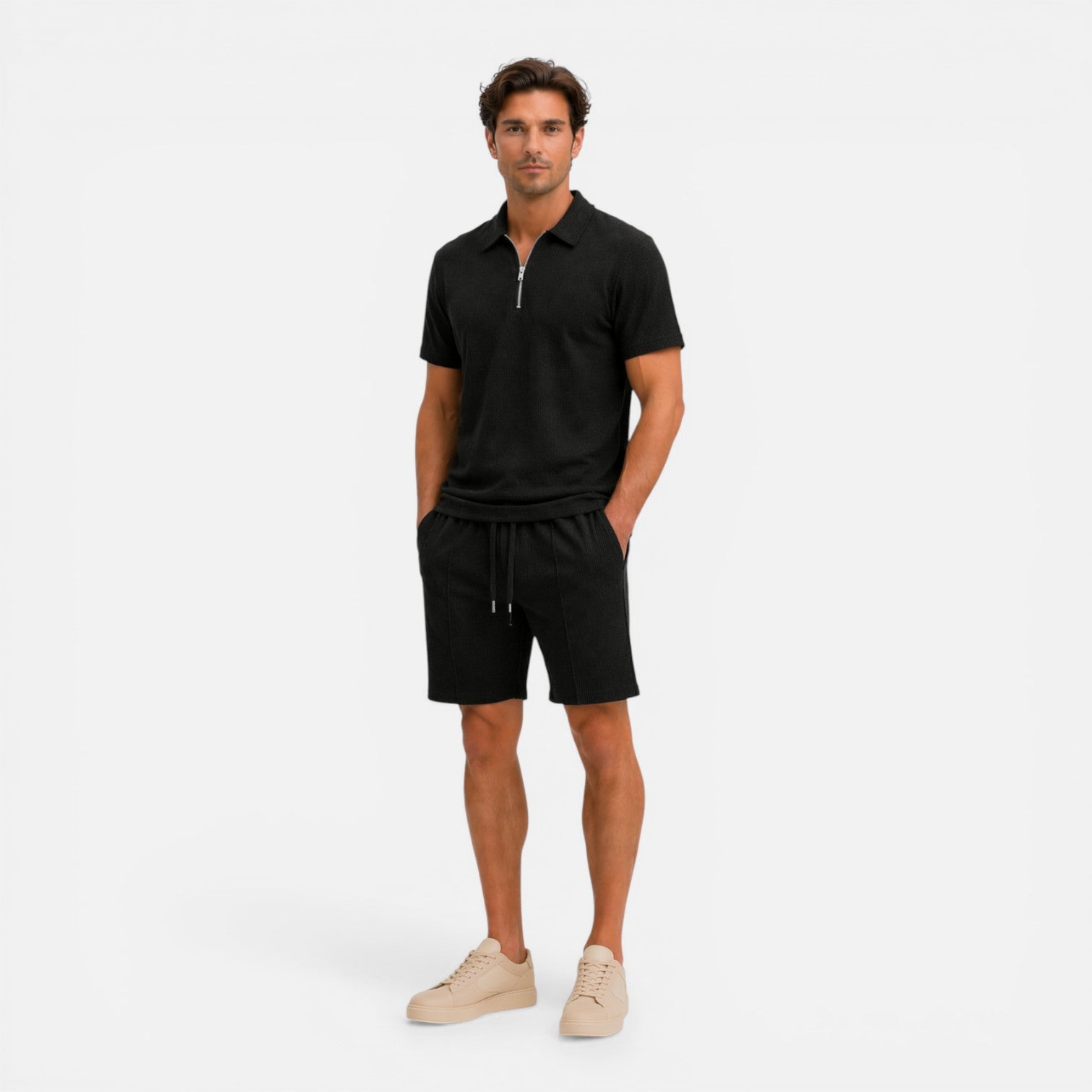 Felorro | Men’s Textured Zip Polo Shorts Set Summer Co-Ord