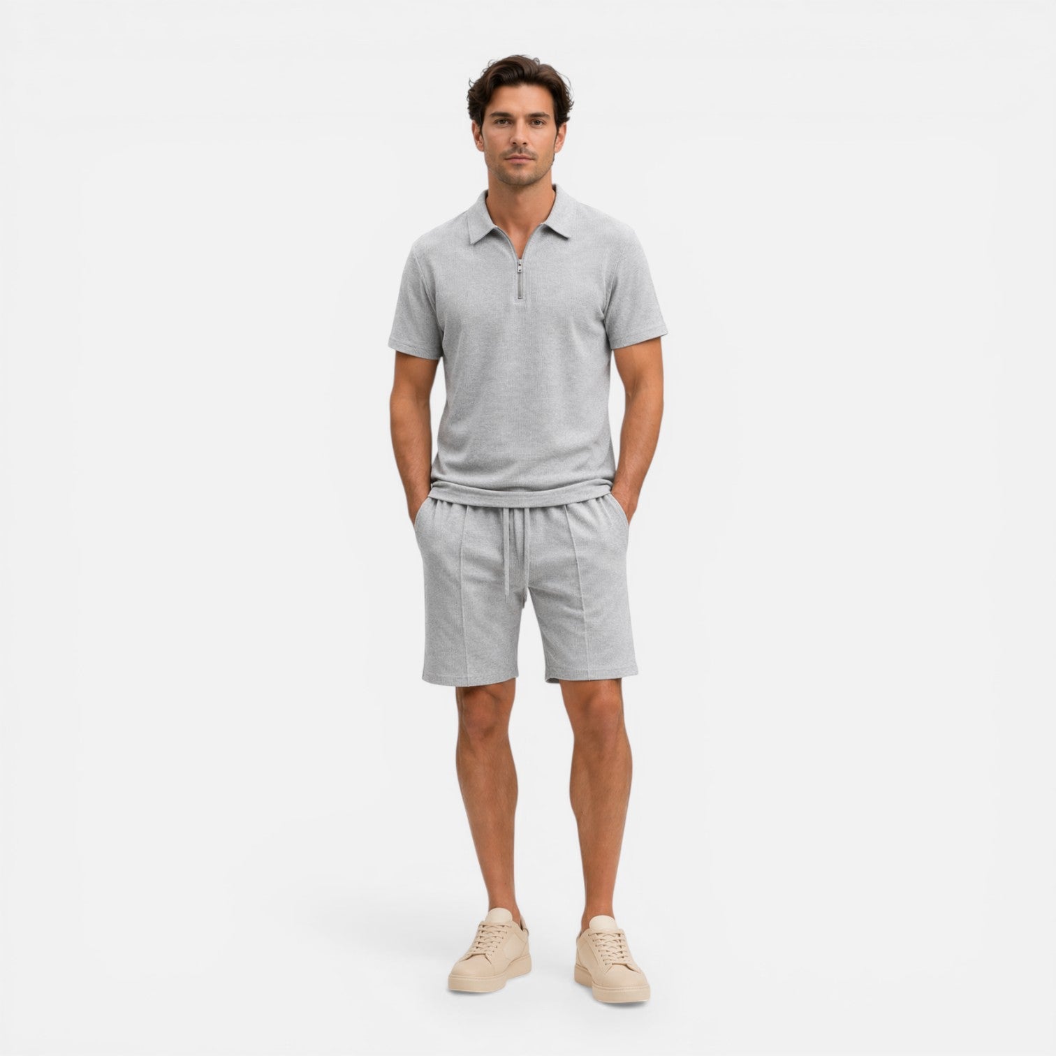Felorro | Men’s Textured Zip Polo Shorts Set Summer Co-Ord