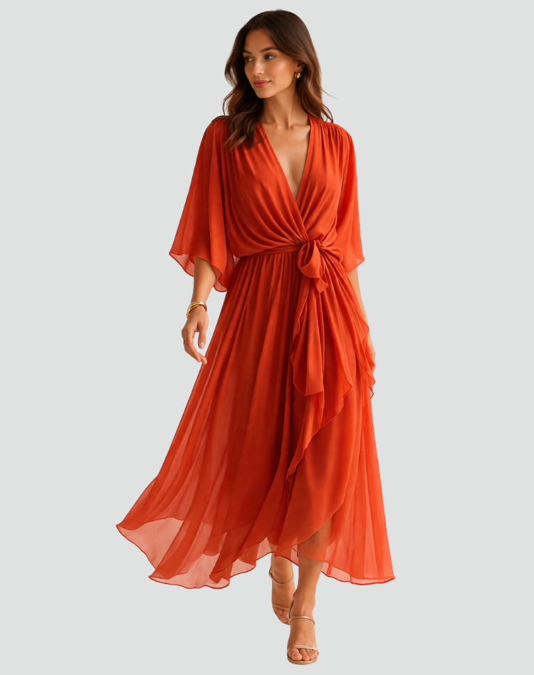 Women's Wrap Midi Dress with Tie Waist Flowy Occasion Style