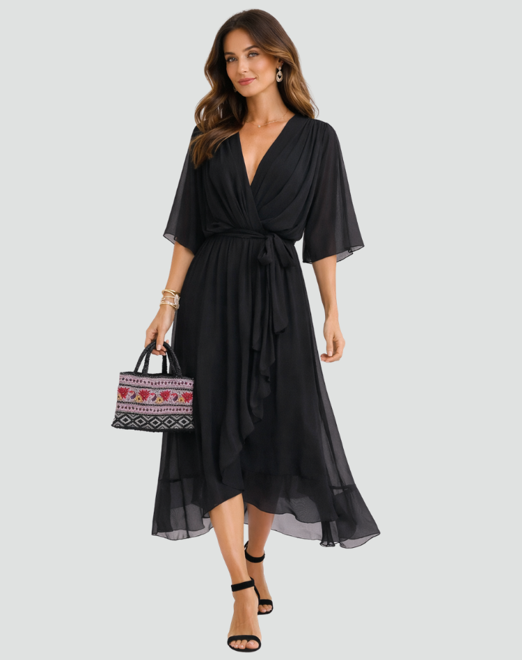 Women's Wrap Midi Dress with Tie Waist Flowy Occasion Style