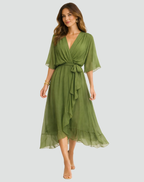 Women's Wrap Midi Dress with Tie Waist Flowy Occasion Style