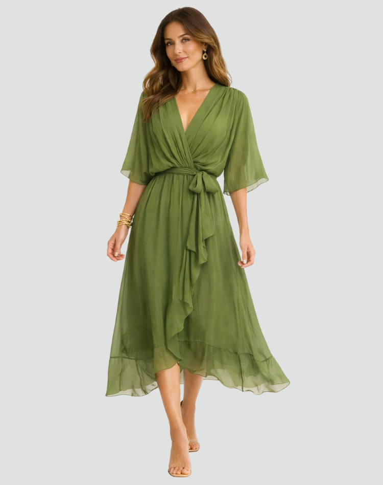 Women's Wrap Midi Dress with Tie Waist Flowy Occasion Style