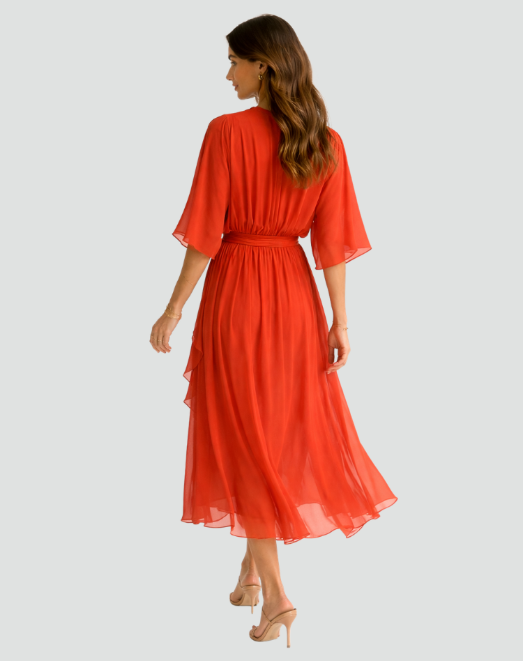 Women's Wrap Midi Dress with Tie Waist Flowy Occasion Style