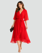 Women's Wrap Midi Dress with Tie Waist Flowy Occasion Style