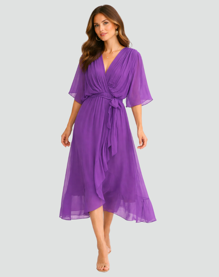 Women's Wrap Midi Dress with Tie Waist Flowy Occasion Style