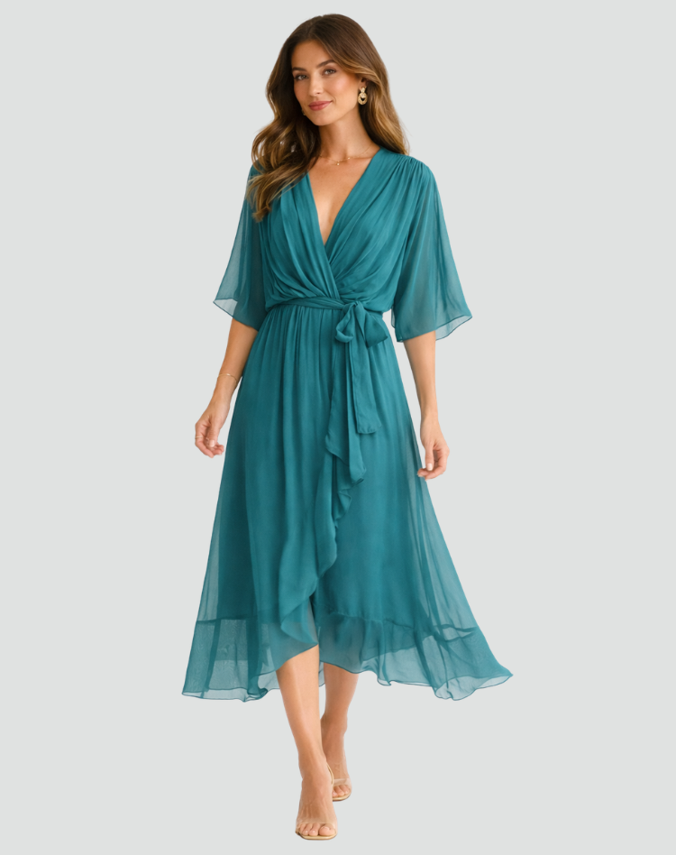 Women's Wrap Midi Dress with Tie Waist Flowy Occasion Style
