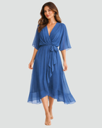 Women's Wrap Midi Dress with Tie Waist Flowy Occasion Style