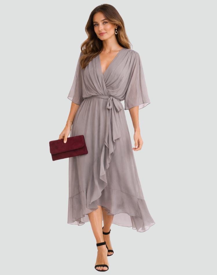 Women's Wrap Midi Dress with Tie Waist Flowy Occasion Style