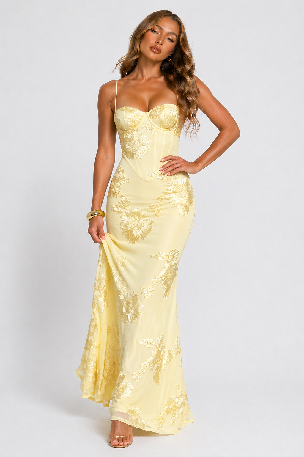 Women's Floral Jacquard Corset Maxi Dress