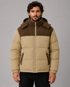 Men's Colour Block Hooded Puffer Jacket with Corduroy Panels