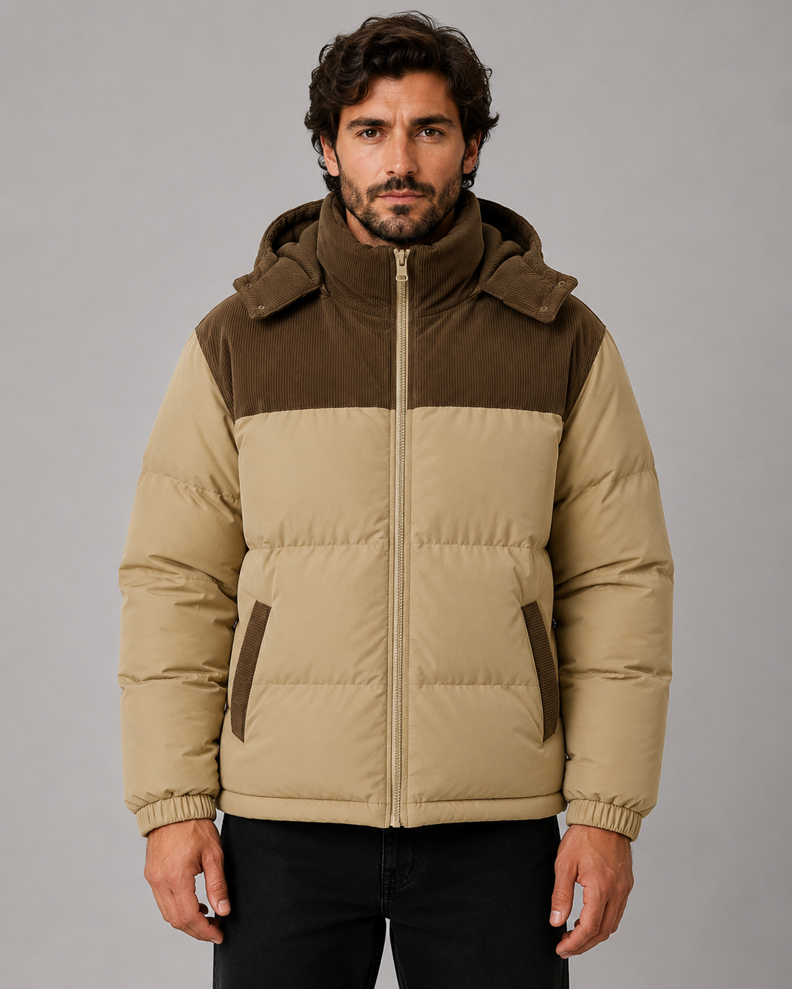 Men's Colour Block Hooded Puffer Jacket with Corduroy Panels
