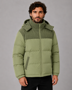 Men's Colour Block Hooded Puffer Jacket with Corduroy Panels