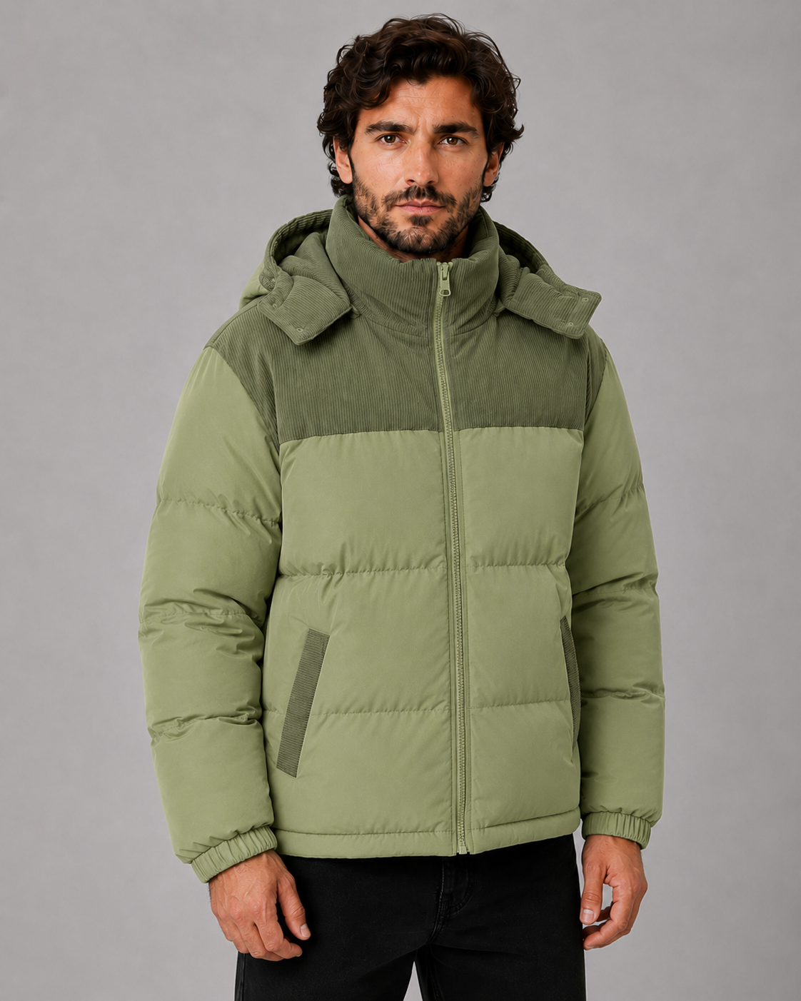 Men's Colour Block Hooded Puffer Jacket with Corduroy Panels