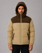 Men's Colour Block Hooded Puffer Jacket with Corduroy Panels